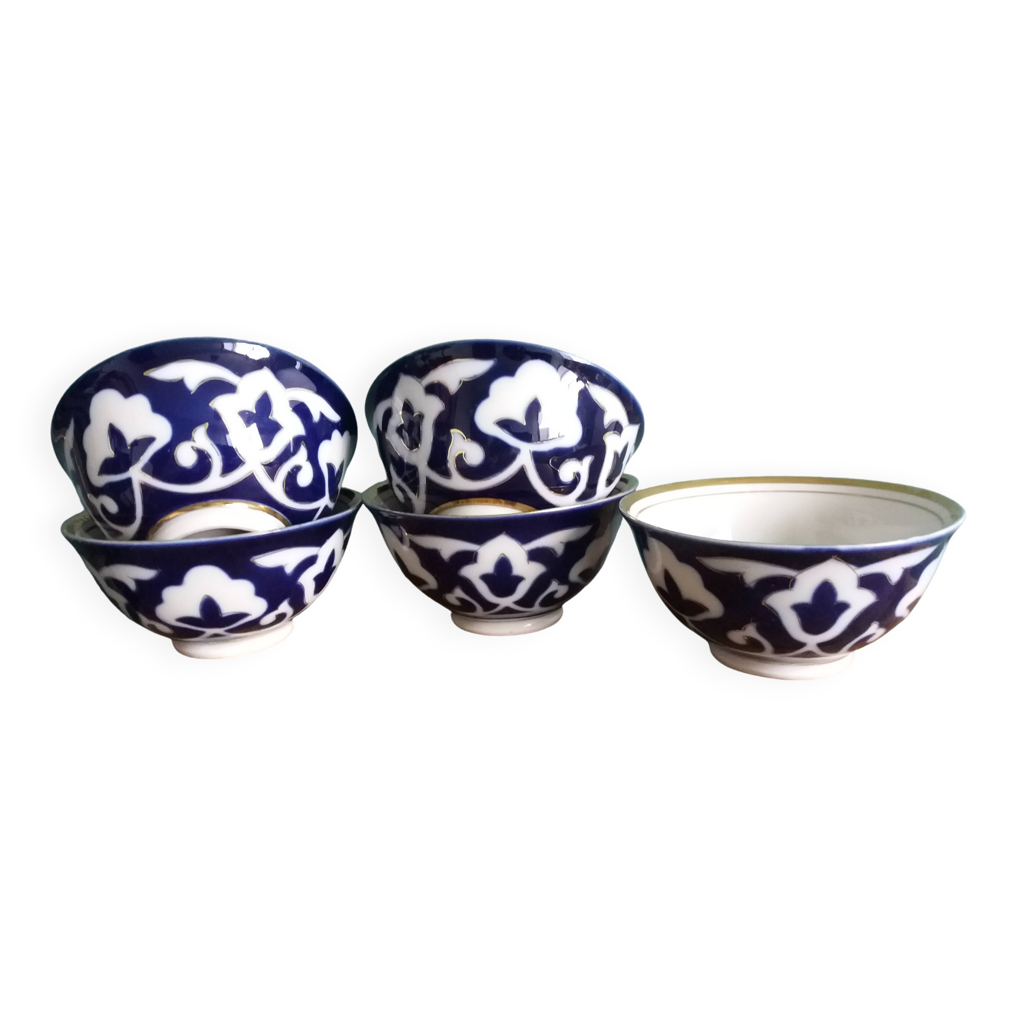 5 Uzbekistan porcelain tea bowls or cups, cobalt and gold decor