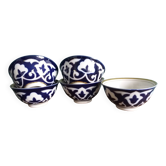 5 Uzbekistan porcelain tea bowls or cups, cobalt and gold decor