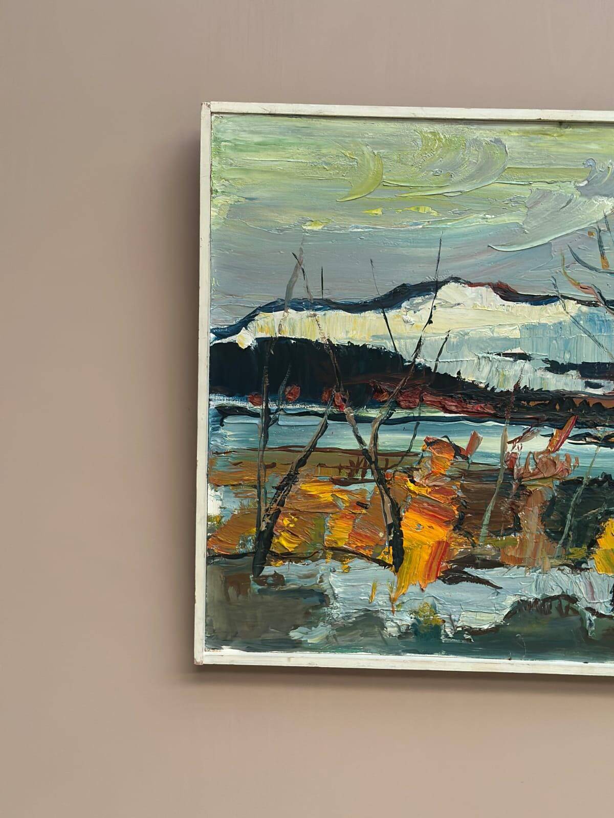 Original Swedish Oil on Panel – “Autumn Shore” by Harry Sahlin – Dated 1973