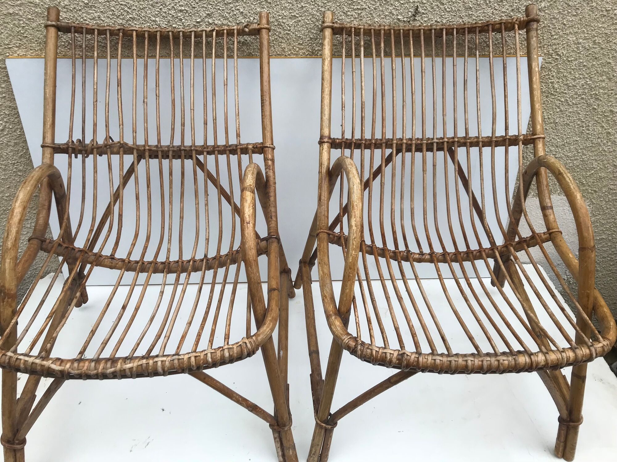 Pair old armchair in rattan curve base years 60 vintage x 2