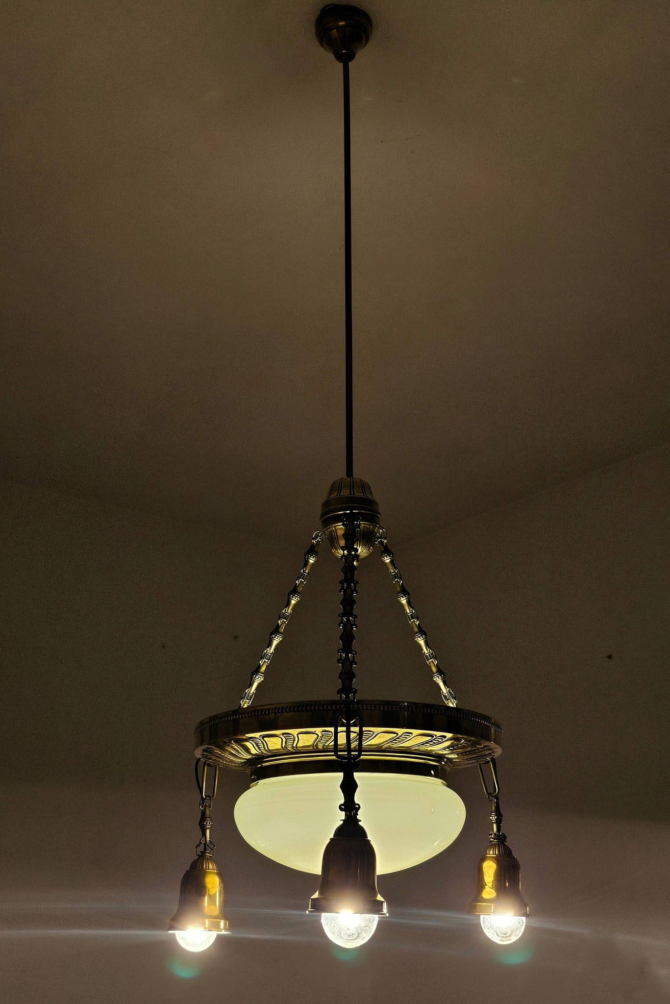 Polished Brass Art Nouveau Chandelier with Opaline Glass Dome