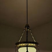 Polished Brass Art Nouveau Chandelier with Opaline Glass Dome