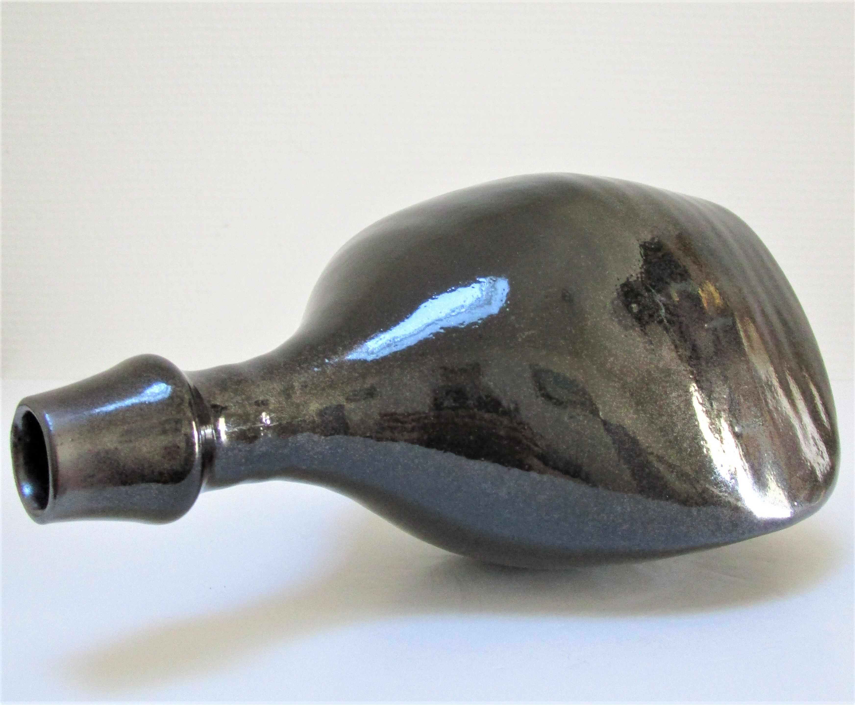 Vase bottle black enamelled stoneware by Roland Zobel