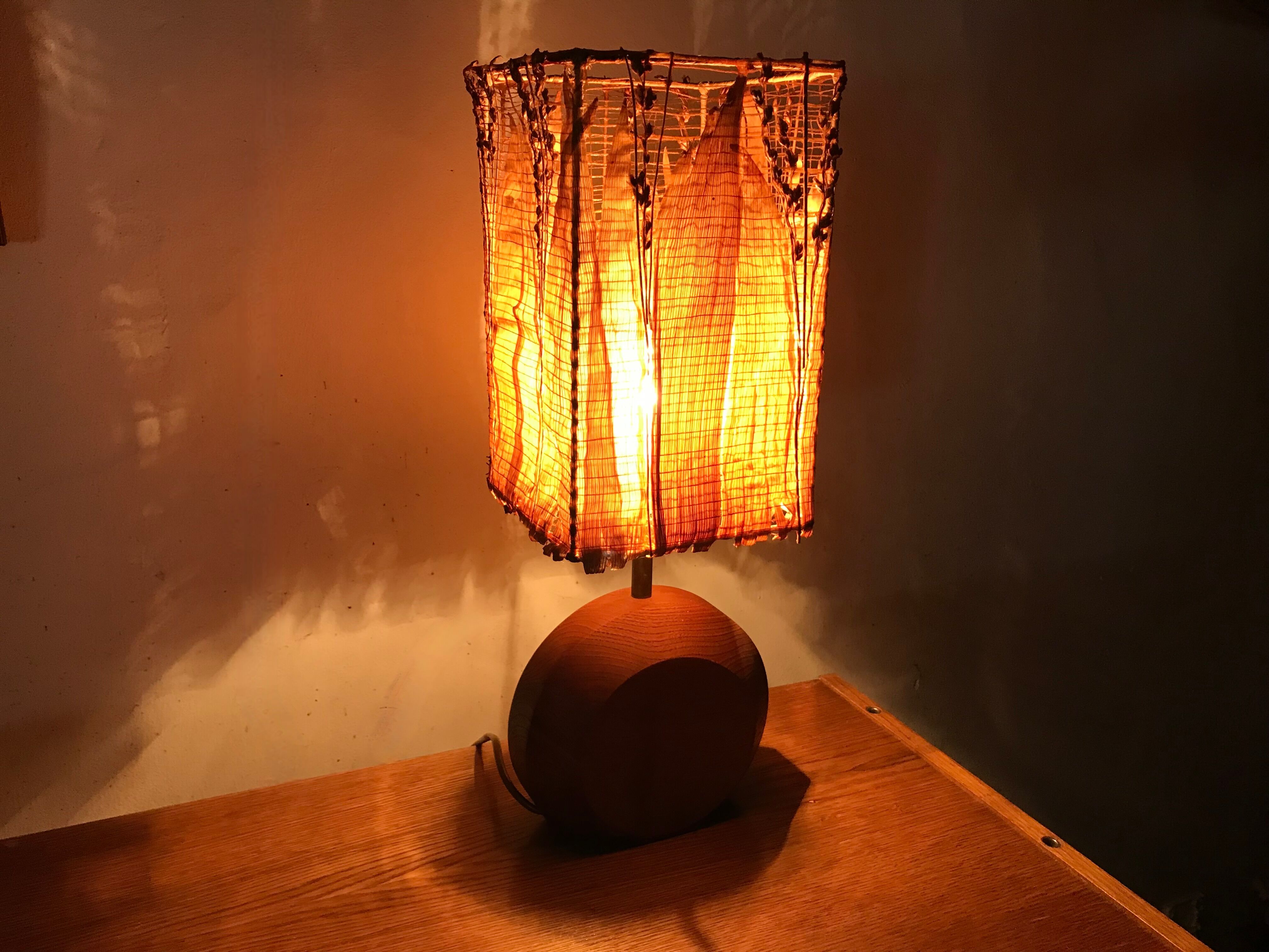 Teak lamp and corn leaf lampshade, circa 1980