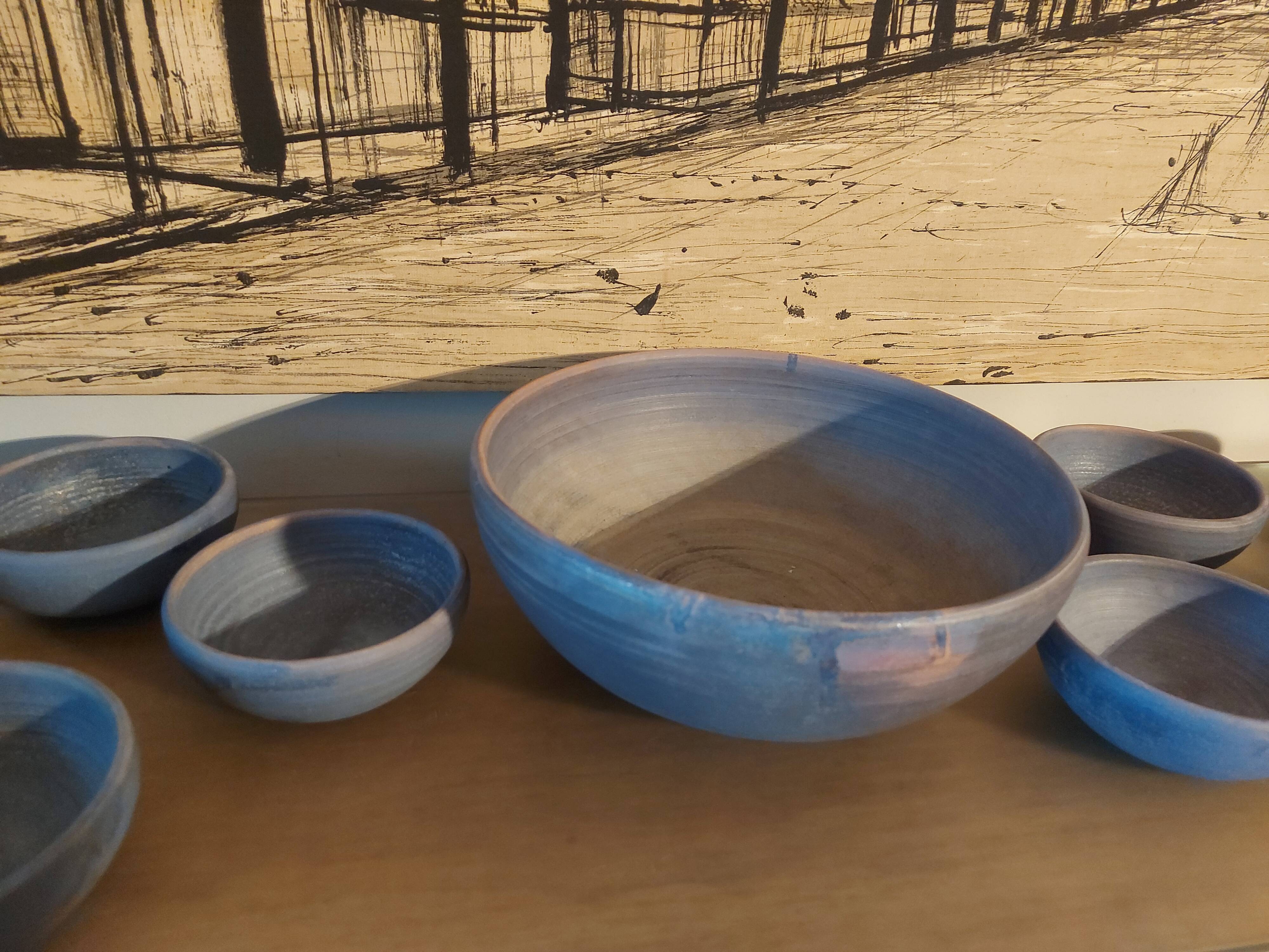 Set of 9 ceramics 60, 70'S, Jean Pierre Gasnier, Salad bowl and cups