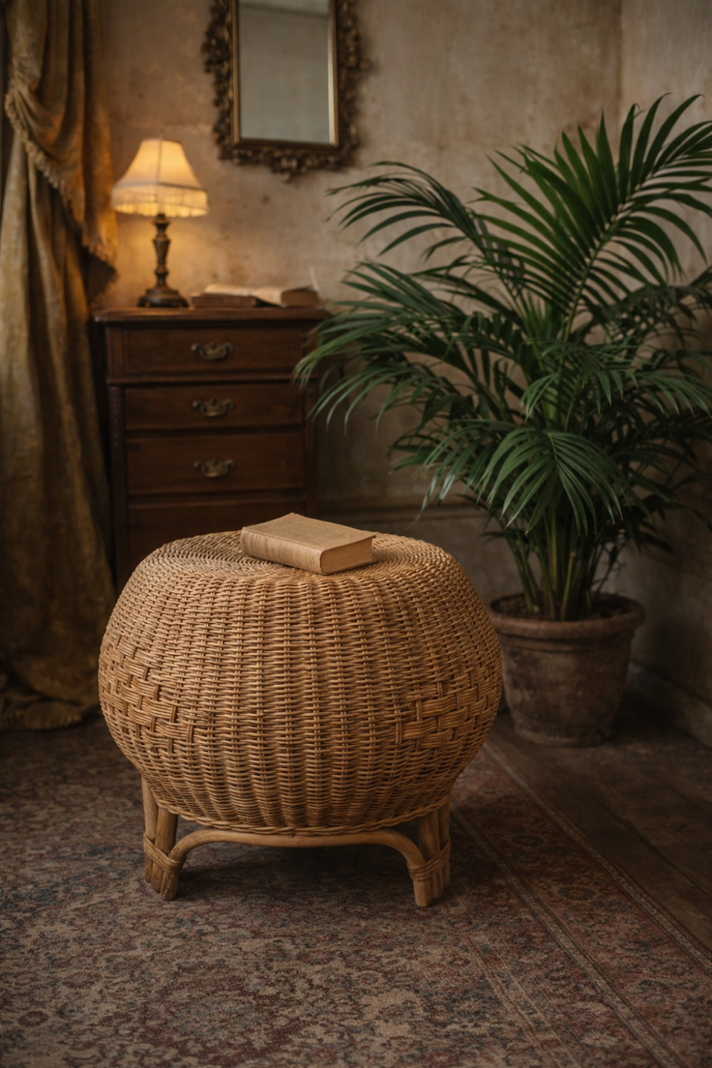 Vintage Italian design rattan wicker ball stool from the 1970s.