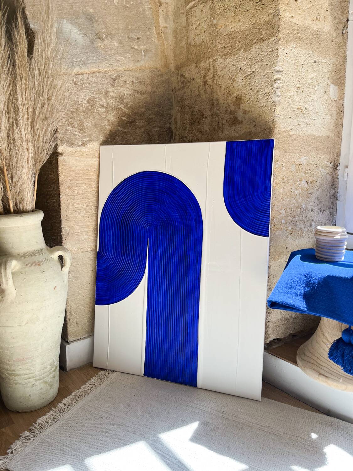 Blue and white relief painting