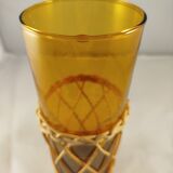 Carafe and 5 glasses set, amber glass and woven wicker, bohemian chic
