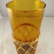 Carafe and 5 glasses set, amber glass and woven wicker, bohemian chic