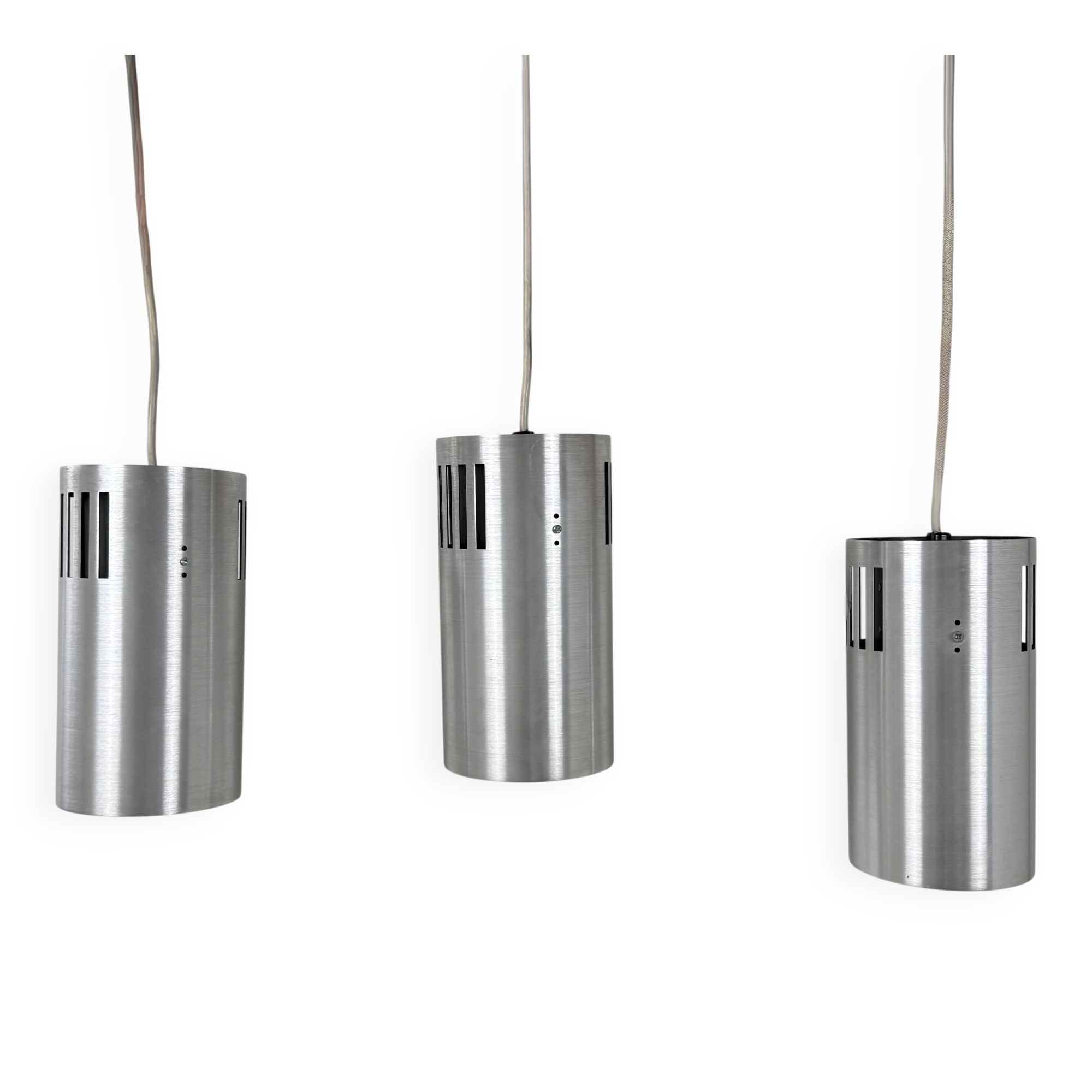 Set of 3 vintage brushed metal pendants, France, 1970.