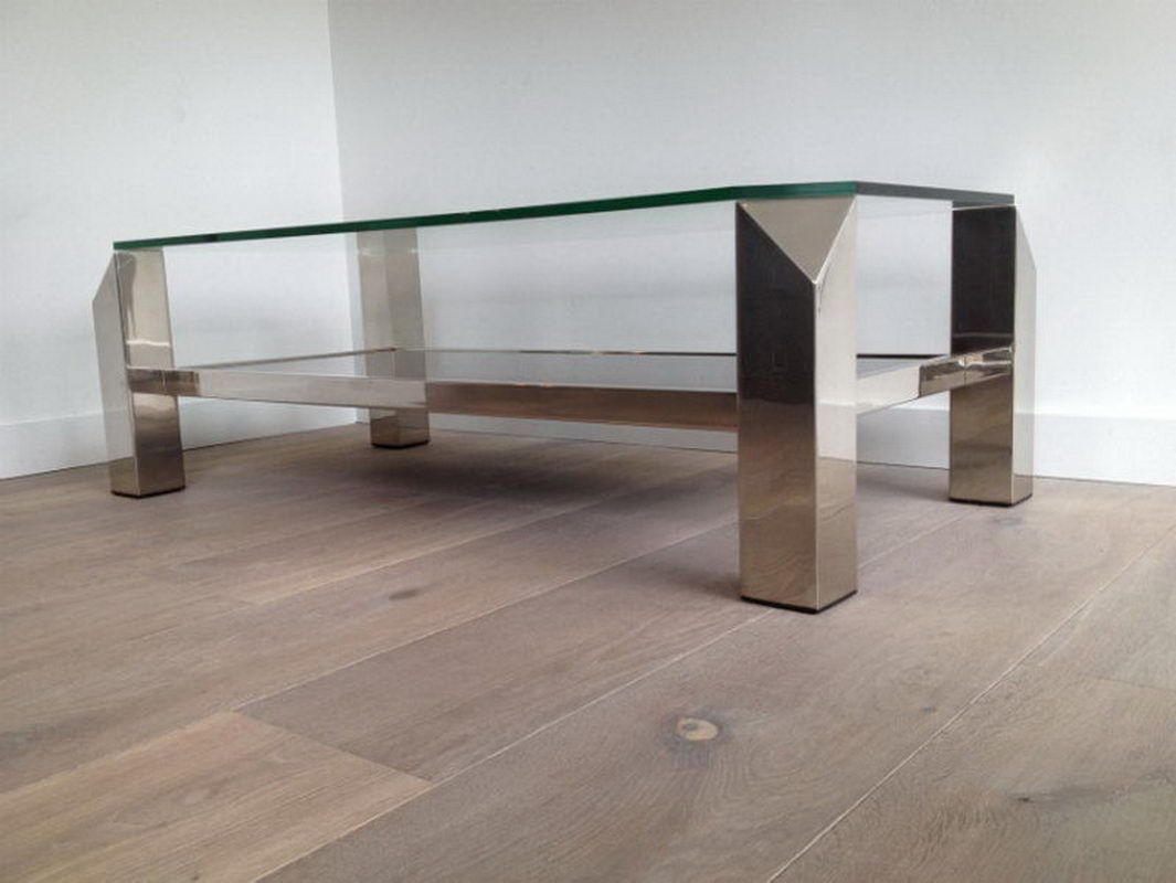 Table basse chromée à plateaux de verre et miroir