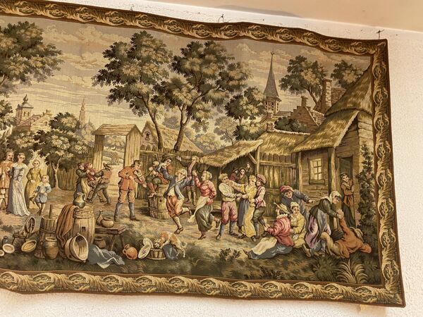 Tapisserie des Gobelins, scène de fête villageoise, parfait état.