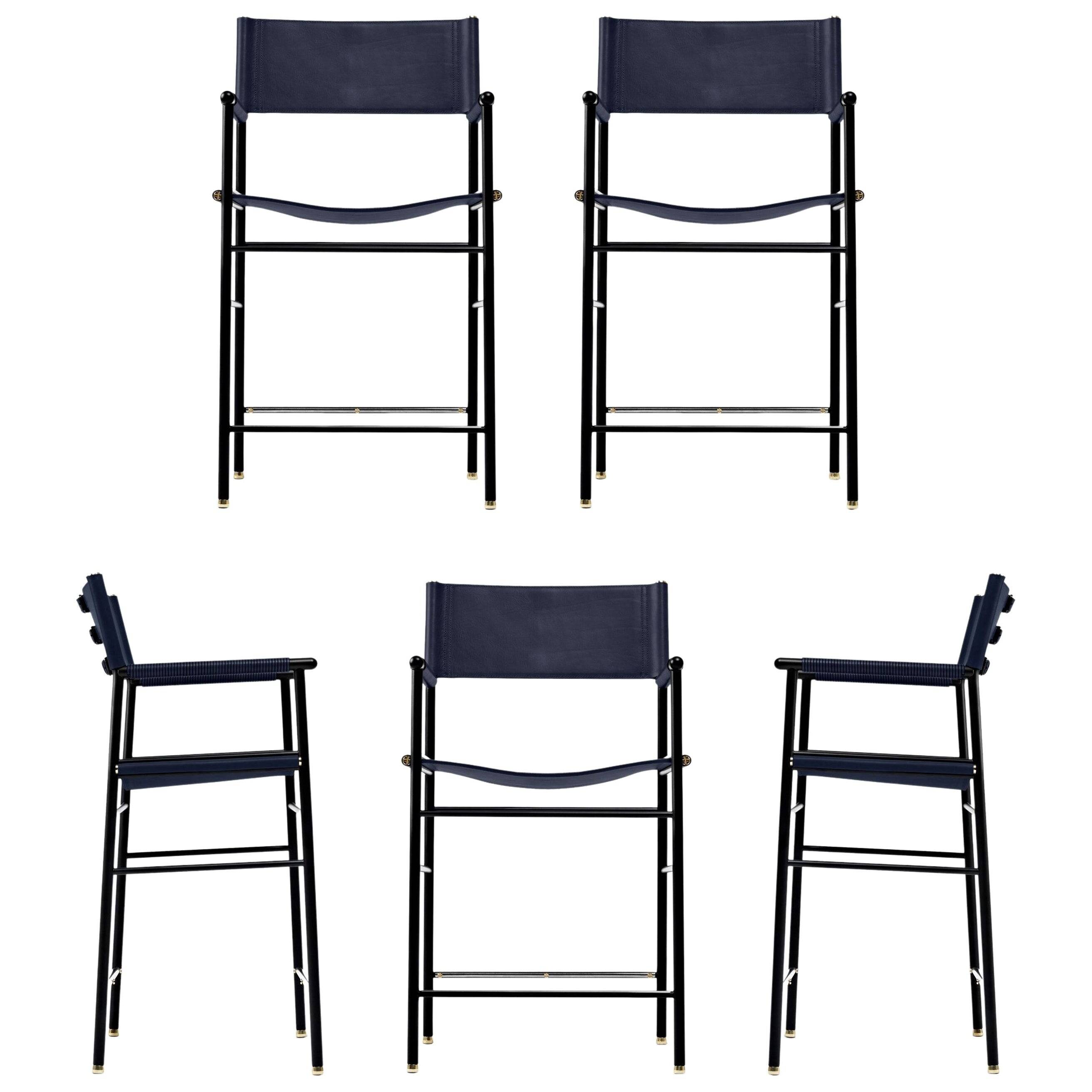 Set of 6 counter-height stools with navy blue leather backrest and rubber metal.