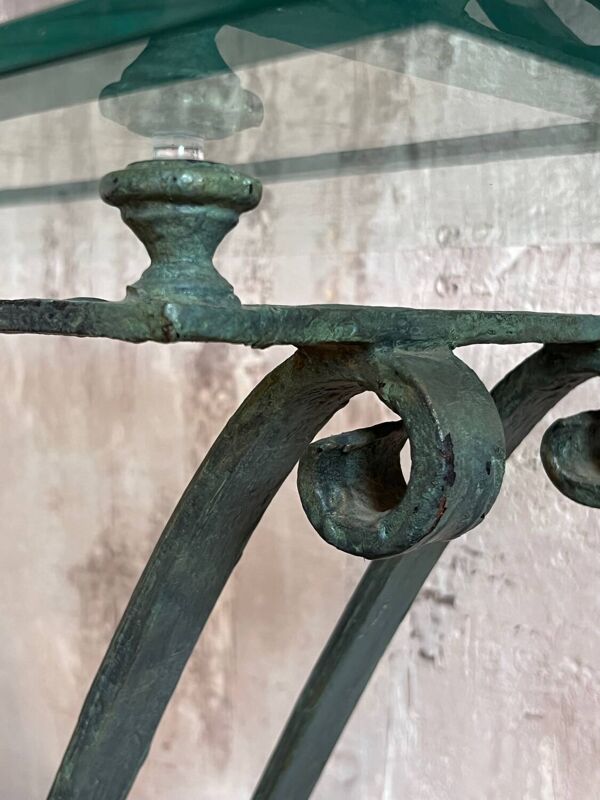 Console en verre et métal patine antique