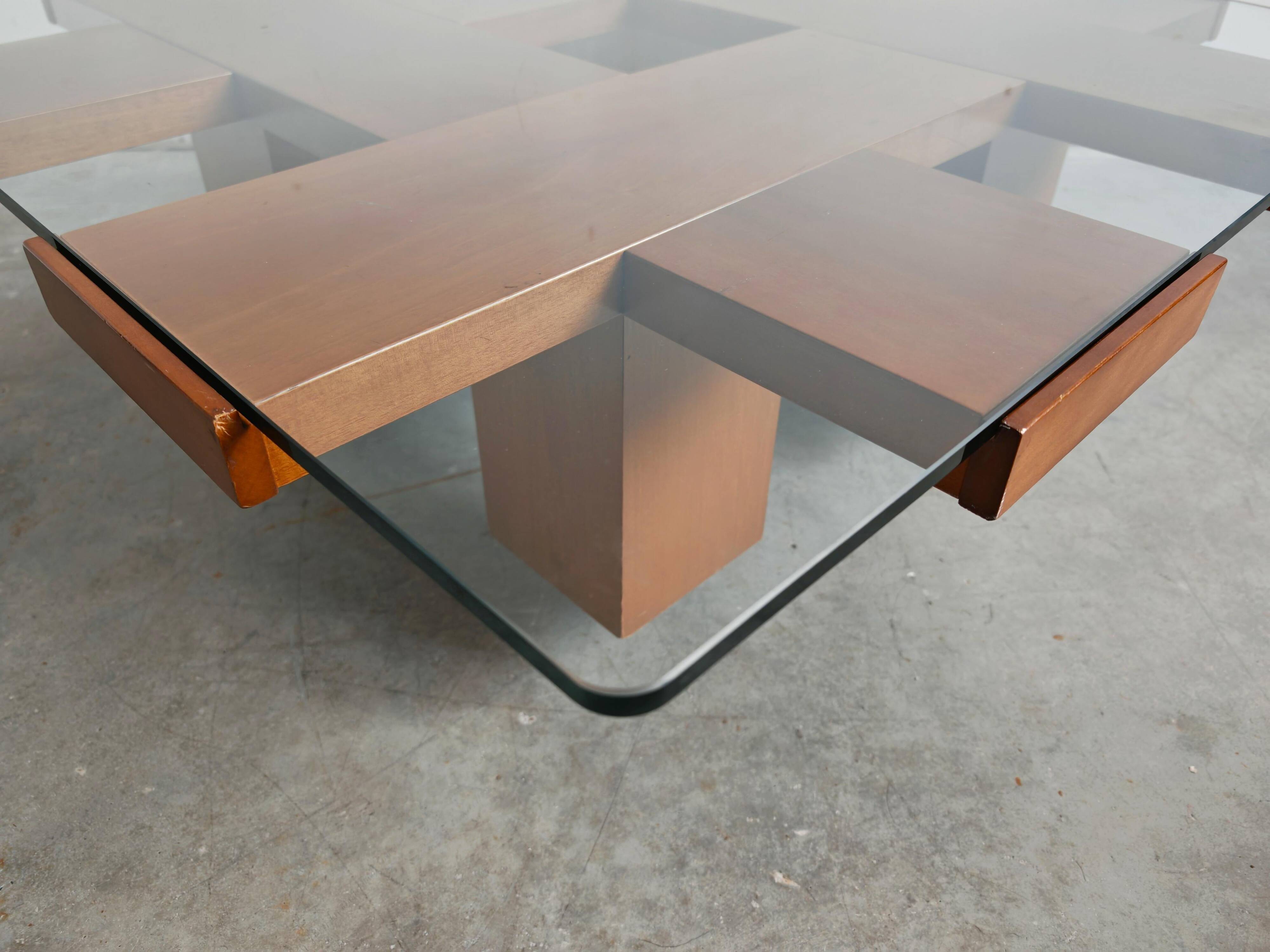 Mid Century Modern coffee table in elm wood with grid pattern by Marco Zanuso.