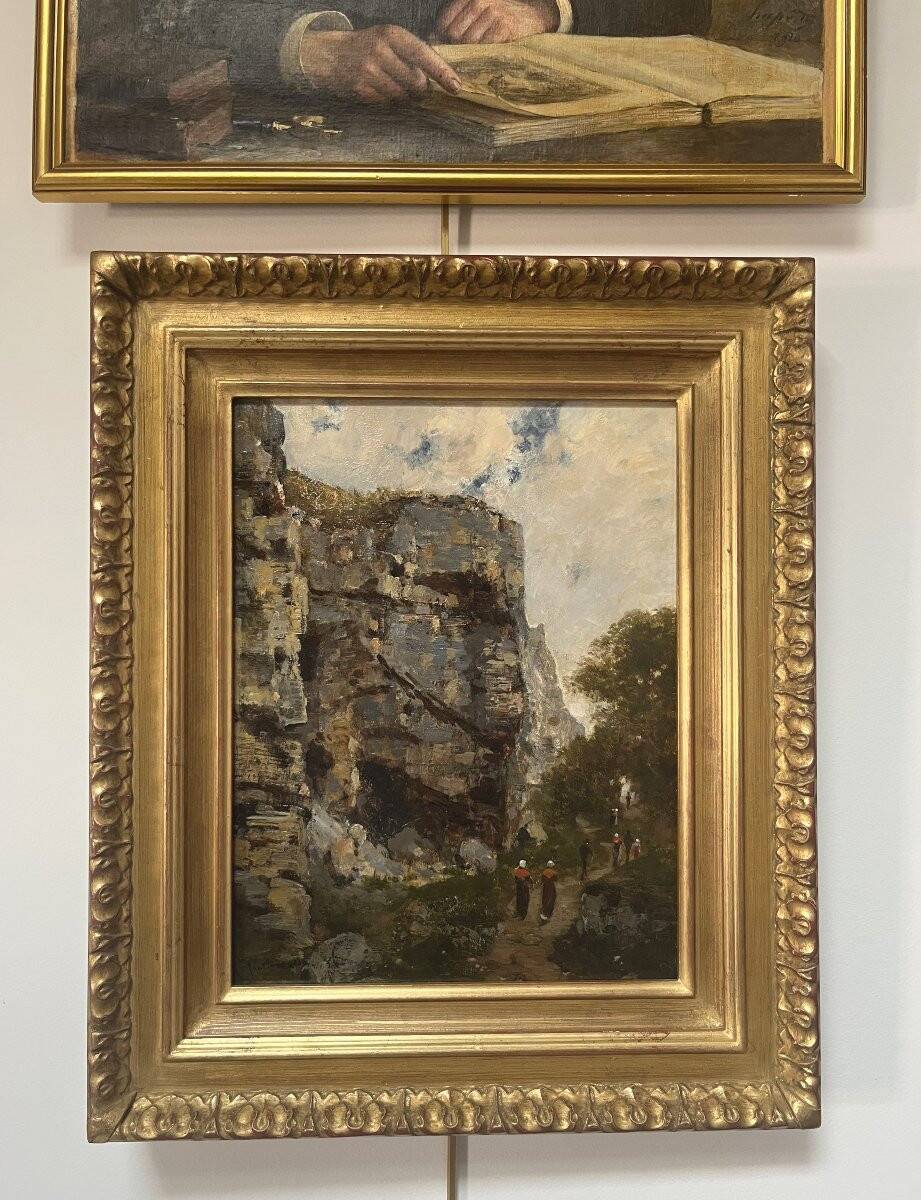 Charles Montlevault (1835-1897) Walkers along a cliff, Oil on canvas signed