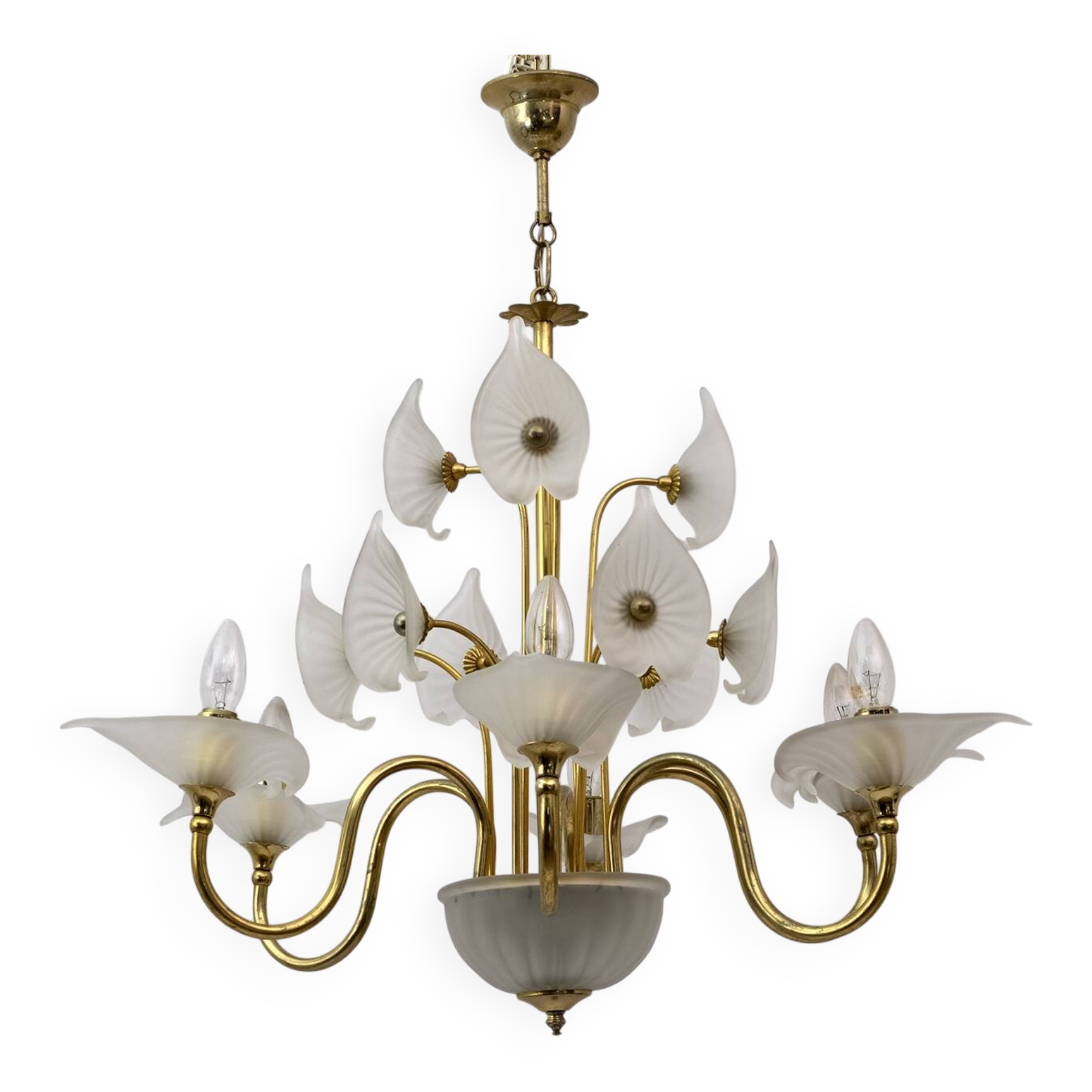 Mid-Century Modern Italian Murano Lattimo and Brass Chandelier, 1970s