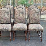 6 chaises à manger Louis XIII bois massif torsadés et tissu écru du 19ème