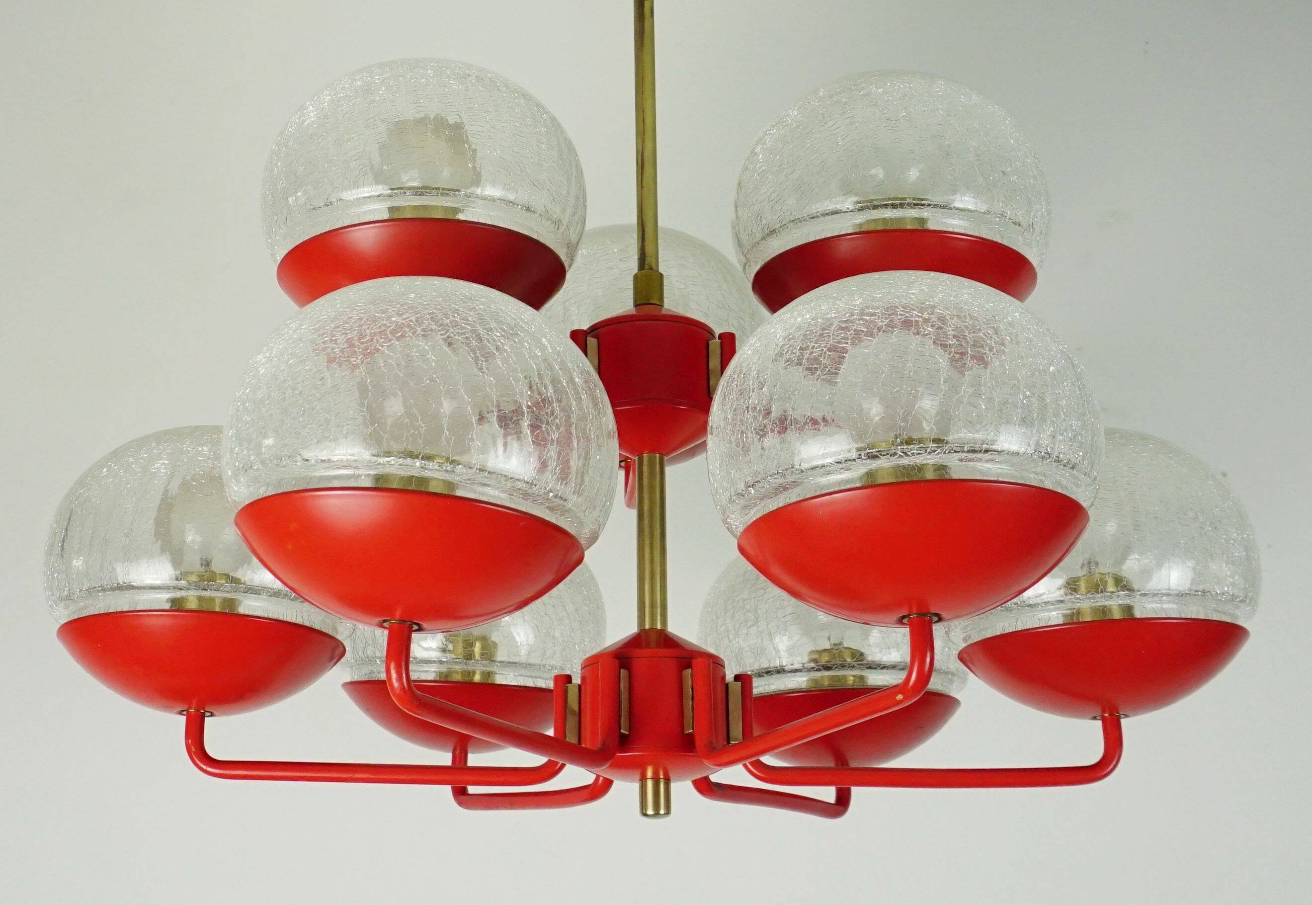 1960s chandelier, red metal and brass, 9 crackle glass shades
