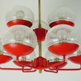 1960s chandelier, red metal and brass, 9 crackle glass shades