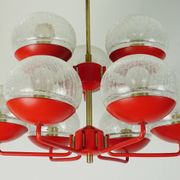 1960s chandelier, red metal and brass, 9 crackle glass shades