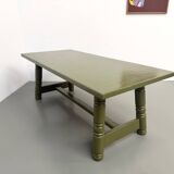 Glossy olive green lacquered dining table — DLG Georges Robert, Circa 1970