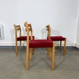 Set of 3 Moller 401 chairs oak red fabric Denmark 1970s