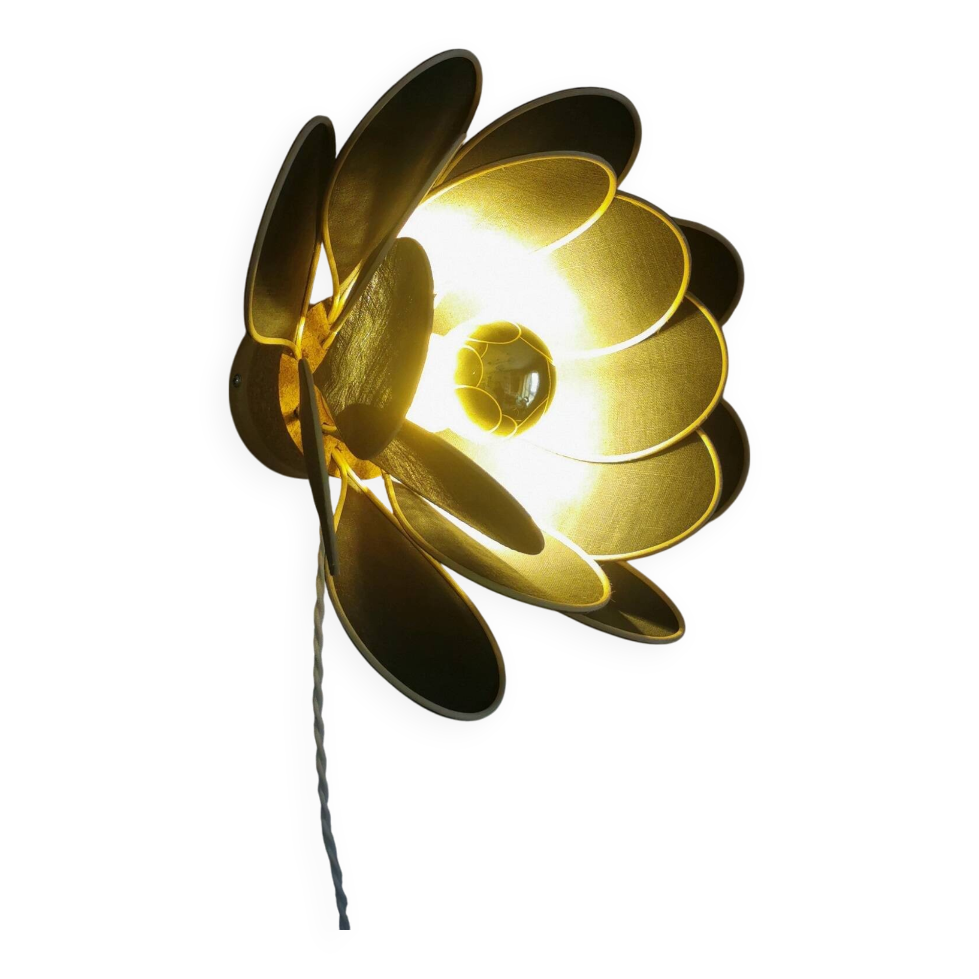 Wall lamp flower made of rattan and fir green linen.