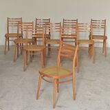 Set of 10 Bystrice tone wooden and caned chairs from the 1960s.