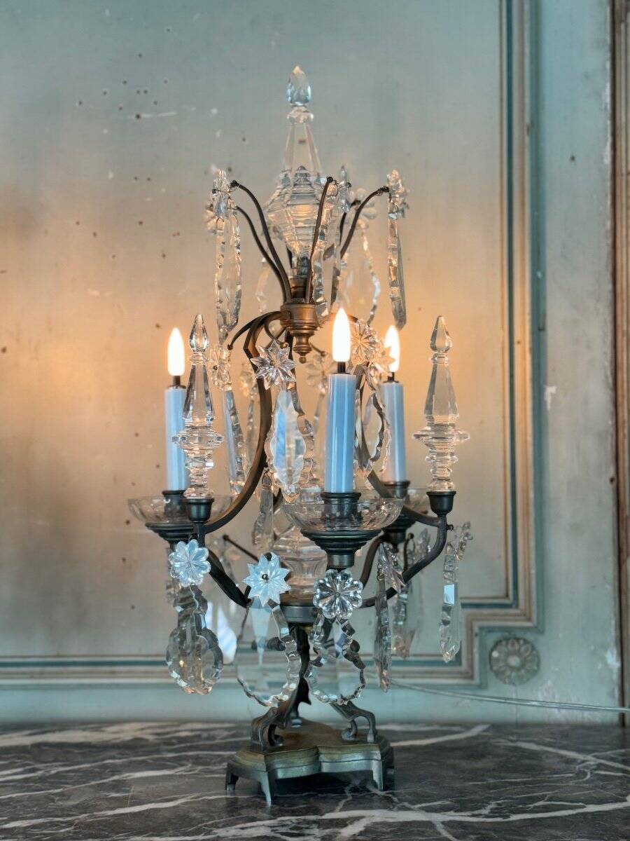 Pair of bronze and cut crystal girandoles circa 1900