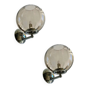 Italian Contemporary Smoked Fumè Murano Glass Sphere Sconces — Set of Two