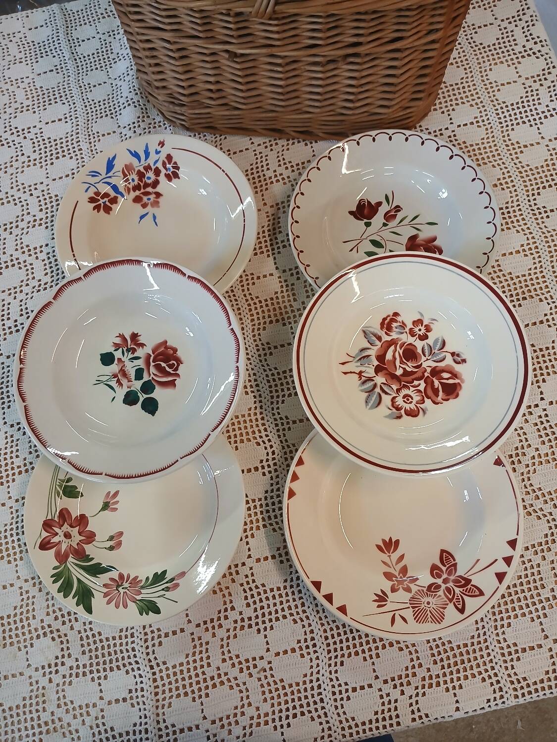 6 mismatched antique soup plates