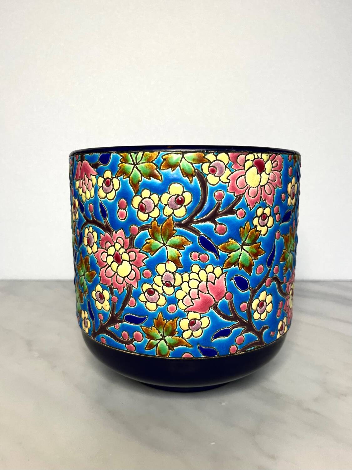 Longwy enamel cachepot, royal blue cloisonné decoration (16 cm)