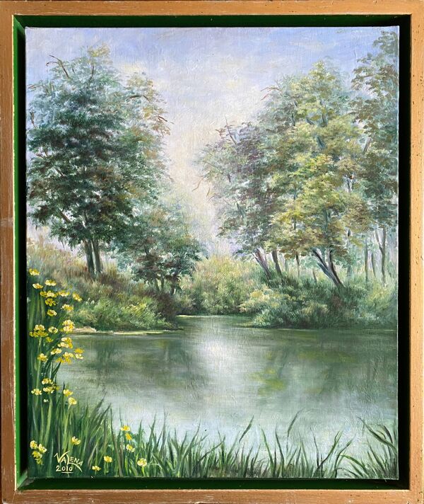 Tableau HST ''Paysage à la rivière arborée'' - signé Valena XX° + cadre