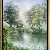 HST painting "Landscape with wooded river" - signed Valena XX° + frame