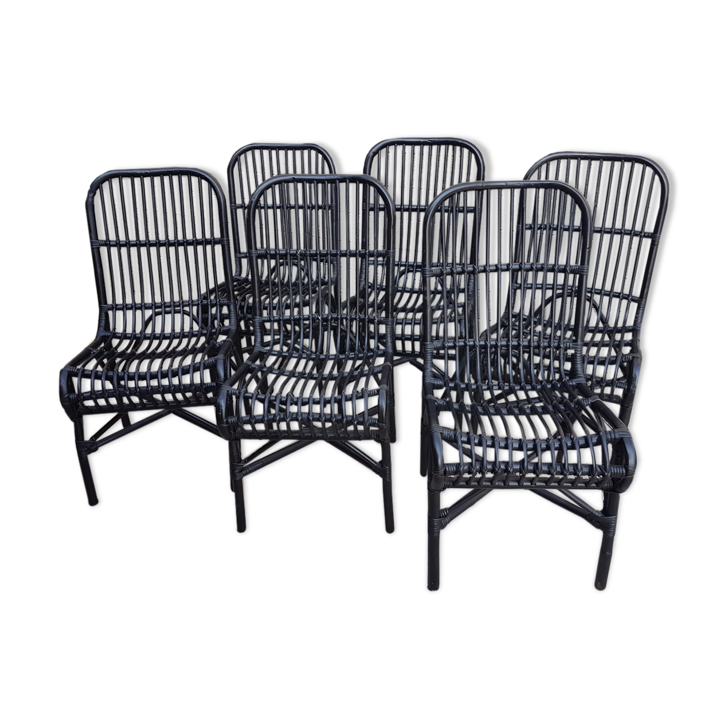 Set of 6 black rattan chairs