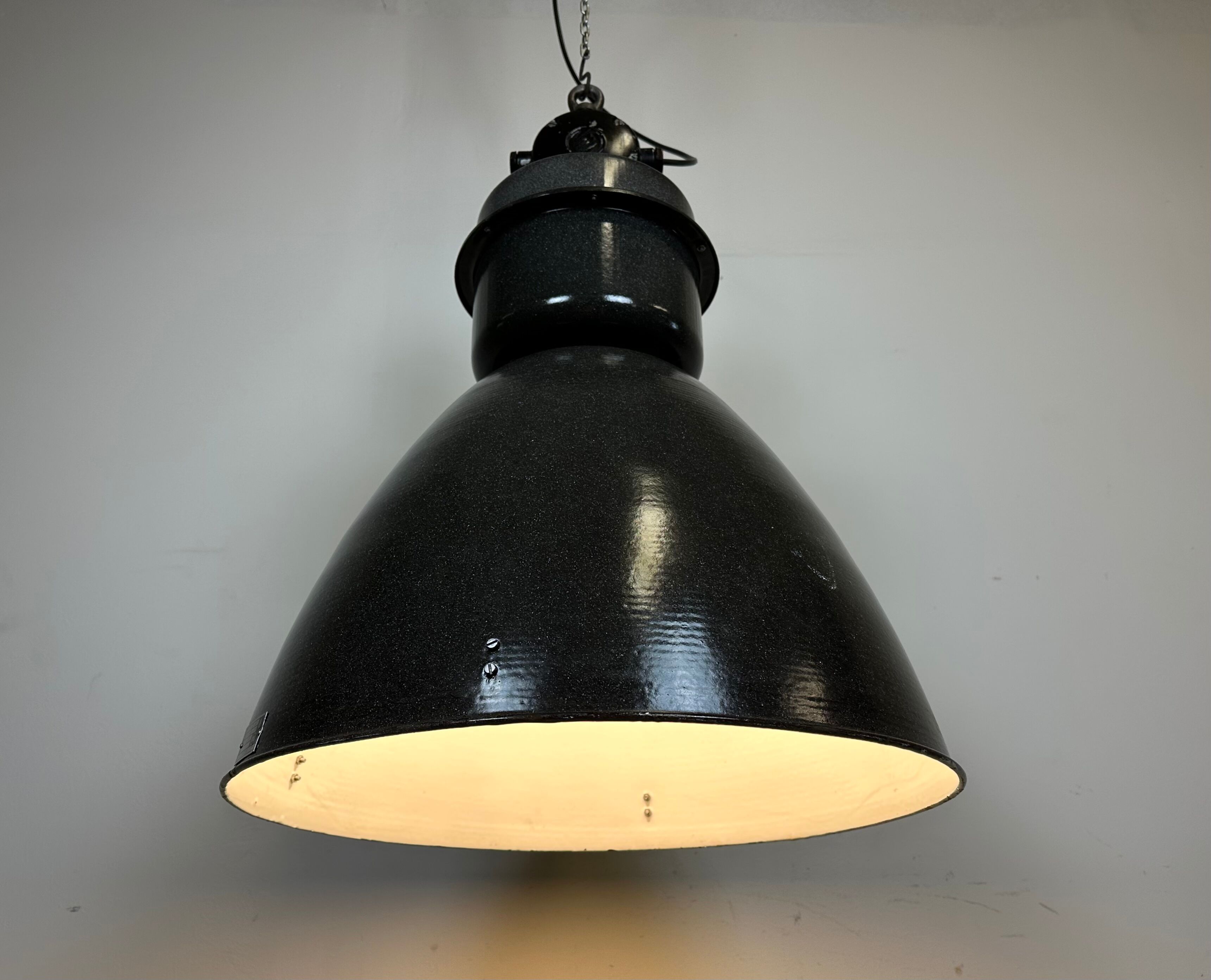 Dark grey enamel industrial factory lamp from elektrosvit, 1960s