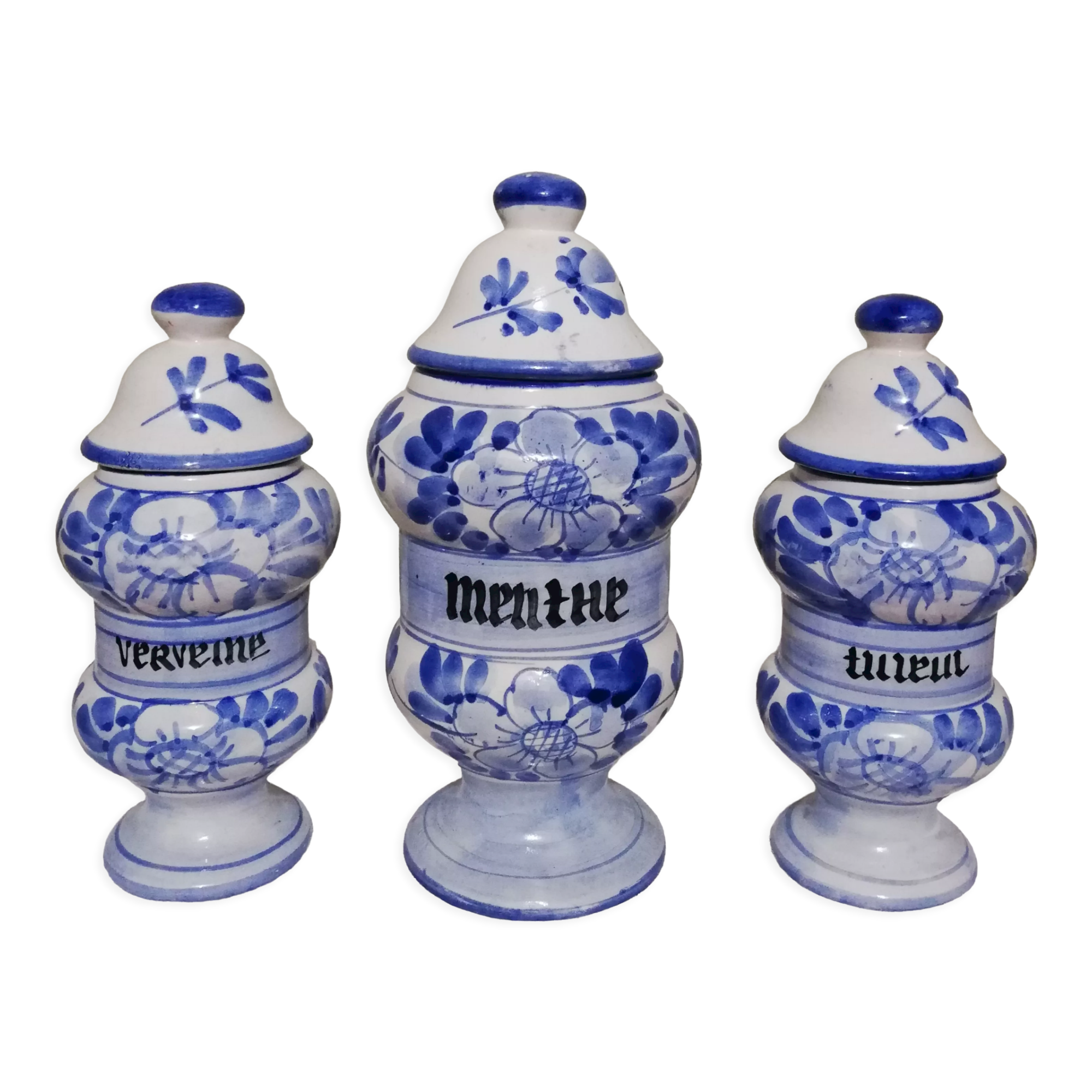 3 Delft style earthenware spice jars or apothecary pots