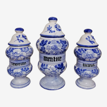 3 Delft style earthenware spice jars or apothecary pots
