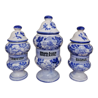 3 Delft style earthenware spice jars or apothecary pots