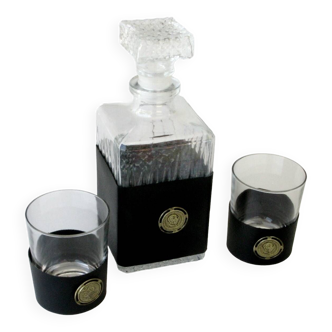 Old whisky carafe with 2 glasses - vintage - leather surround glass carafe