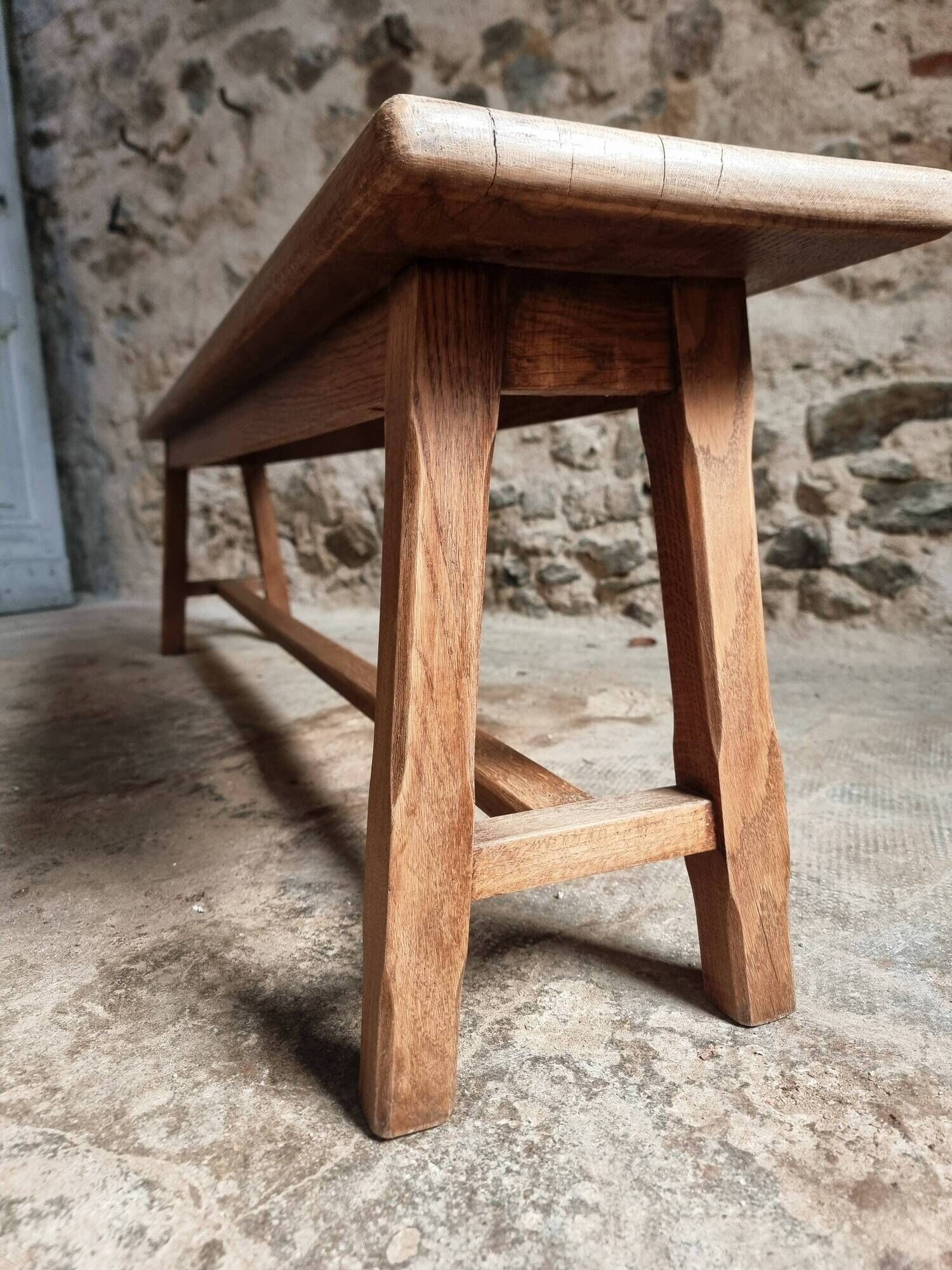 Vintage oak bench, solid wood dining bench, rustic farmhouse bench, French country style, circa 1950–1965.