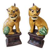 Porcelain Sculpture Pair of Chinese Foo Dogs (Sancai)