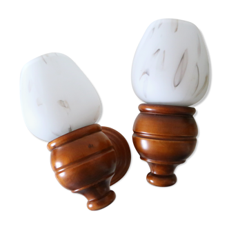 Pair of beech and opaline wall lamps, vintage