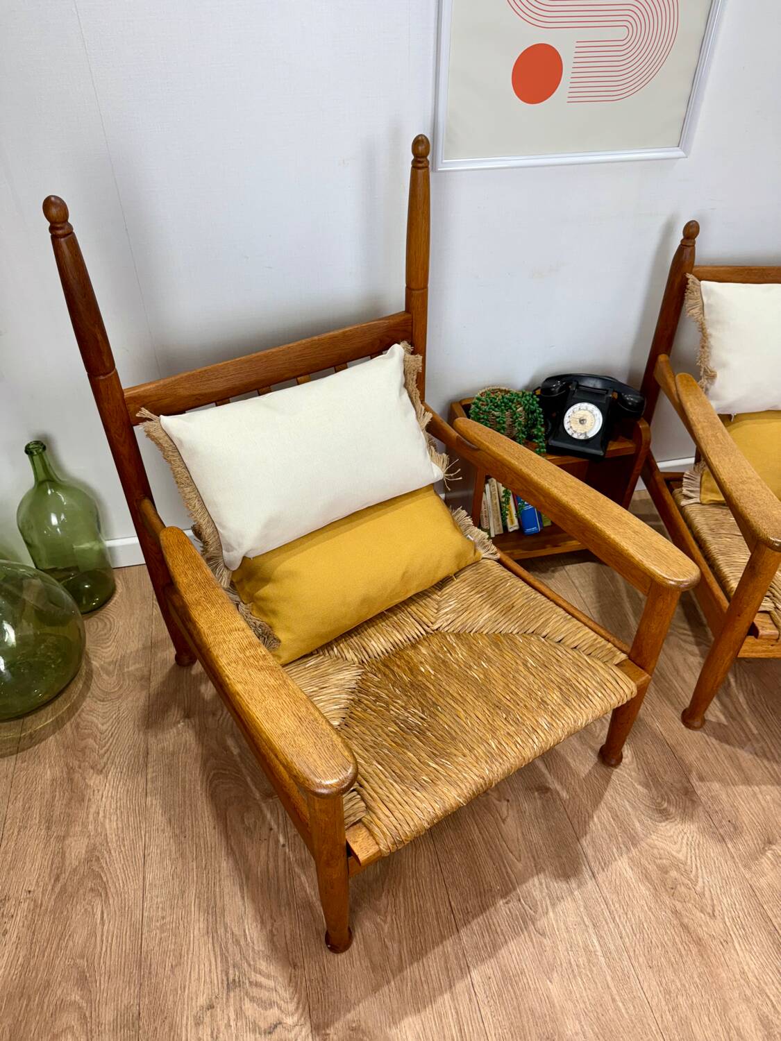 Pair of wooden and straw armchairs