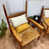 Pair of wooden and straw armchairs