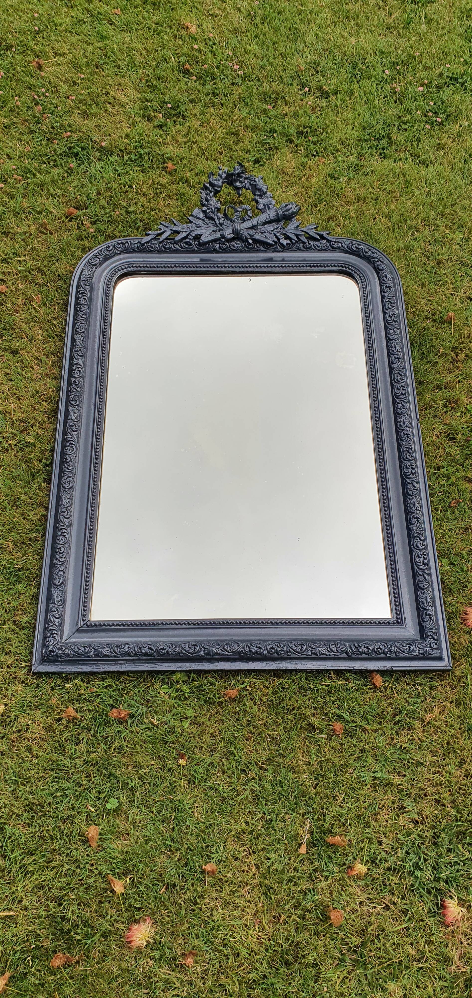 Old mirror Louis Philippe anthracite gray with pricked ice.