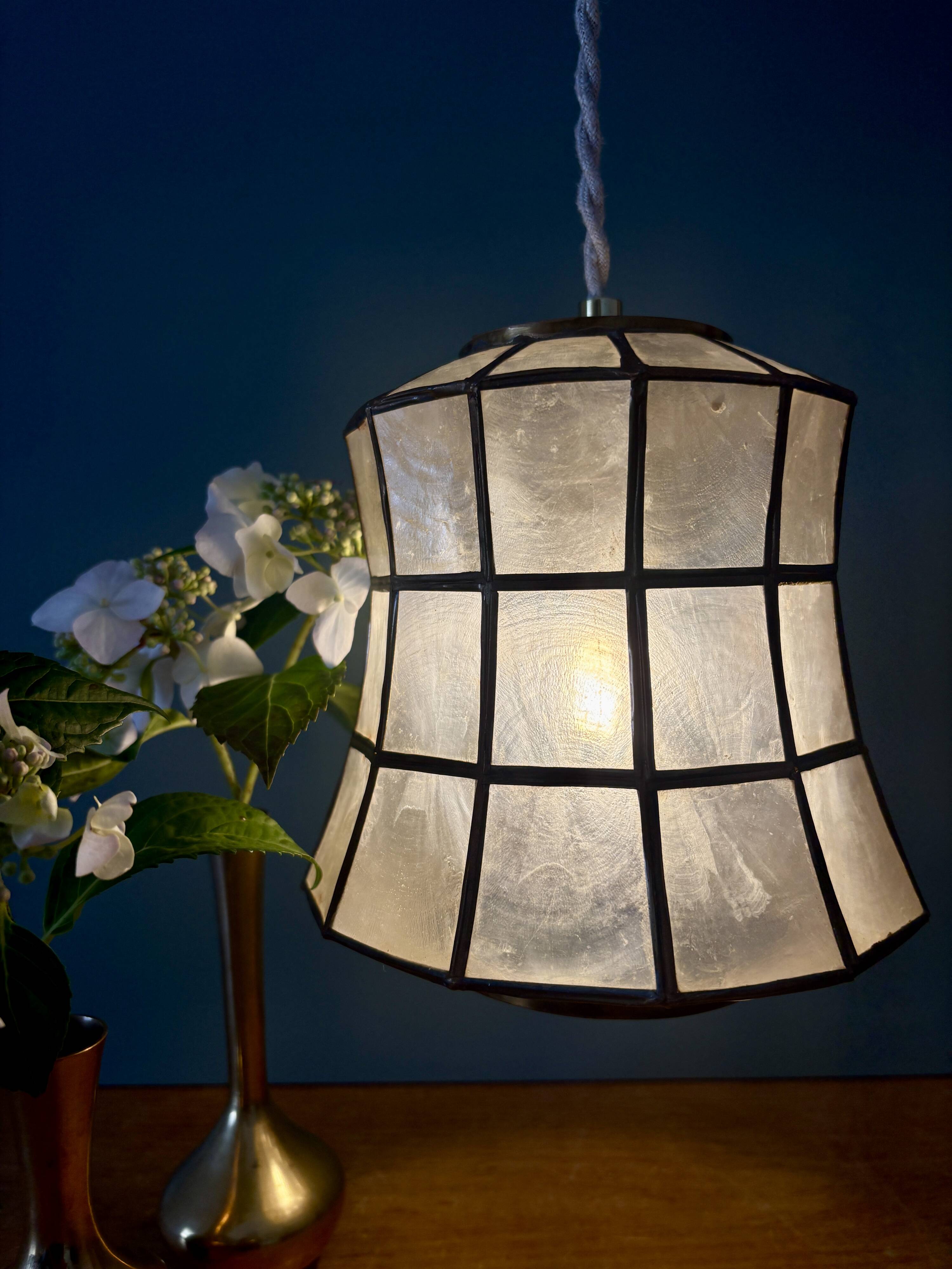 Vintage mother-of-pearl and brass lampshade pendant light