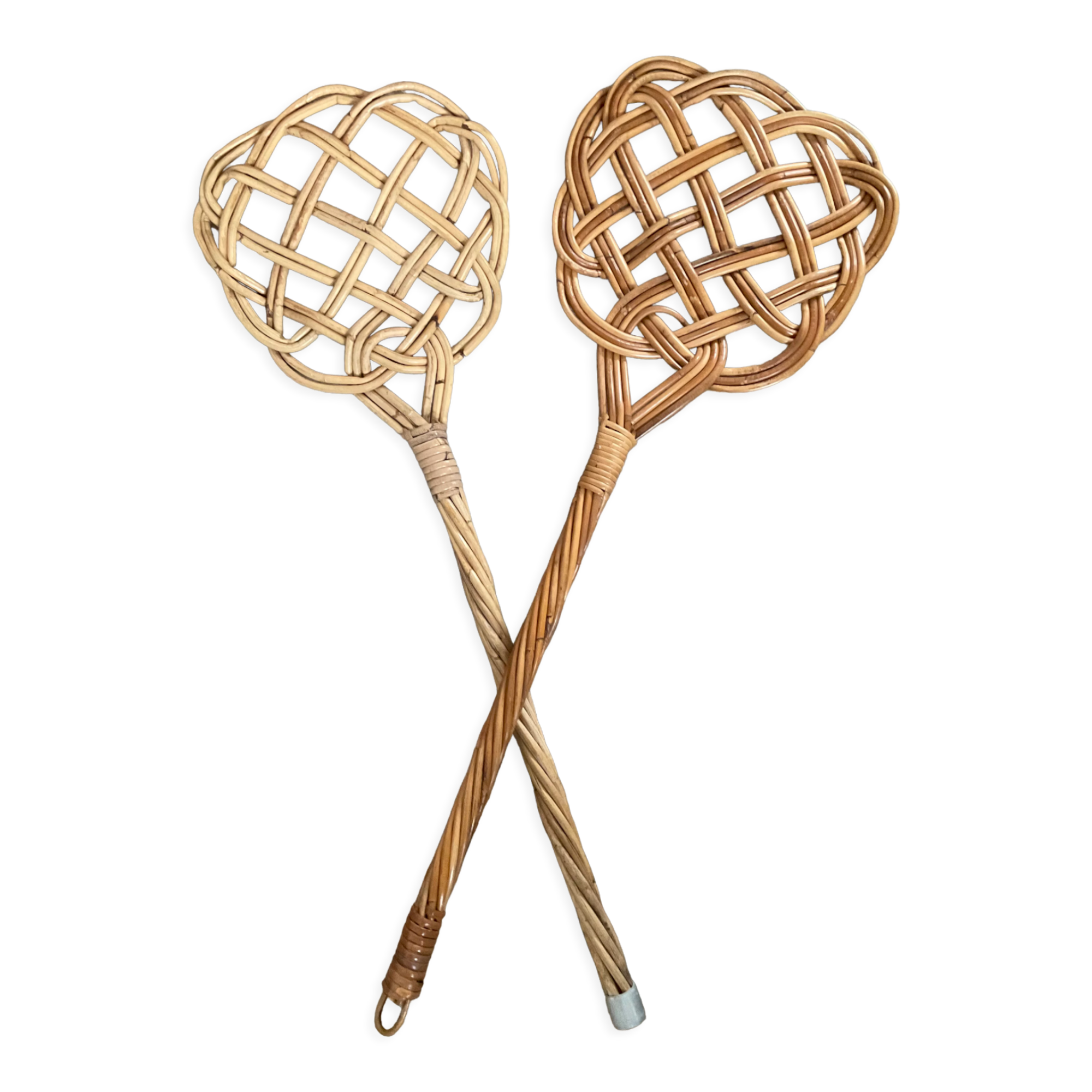 Duo of vintage rattan carpet beaters from the 70s