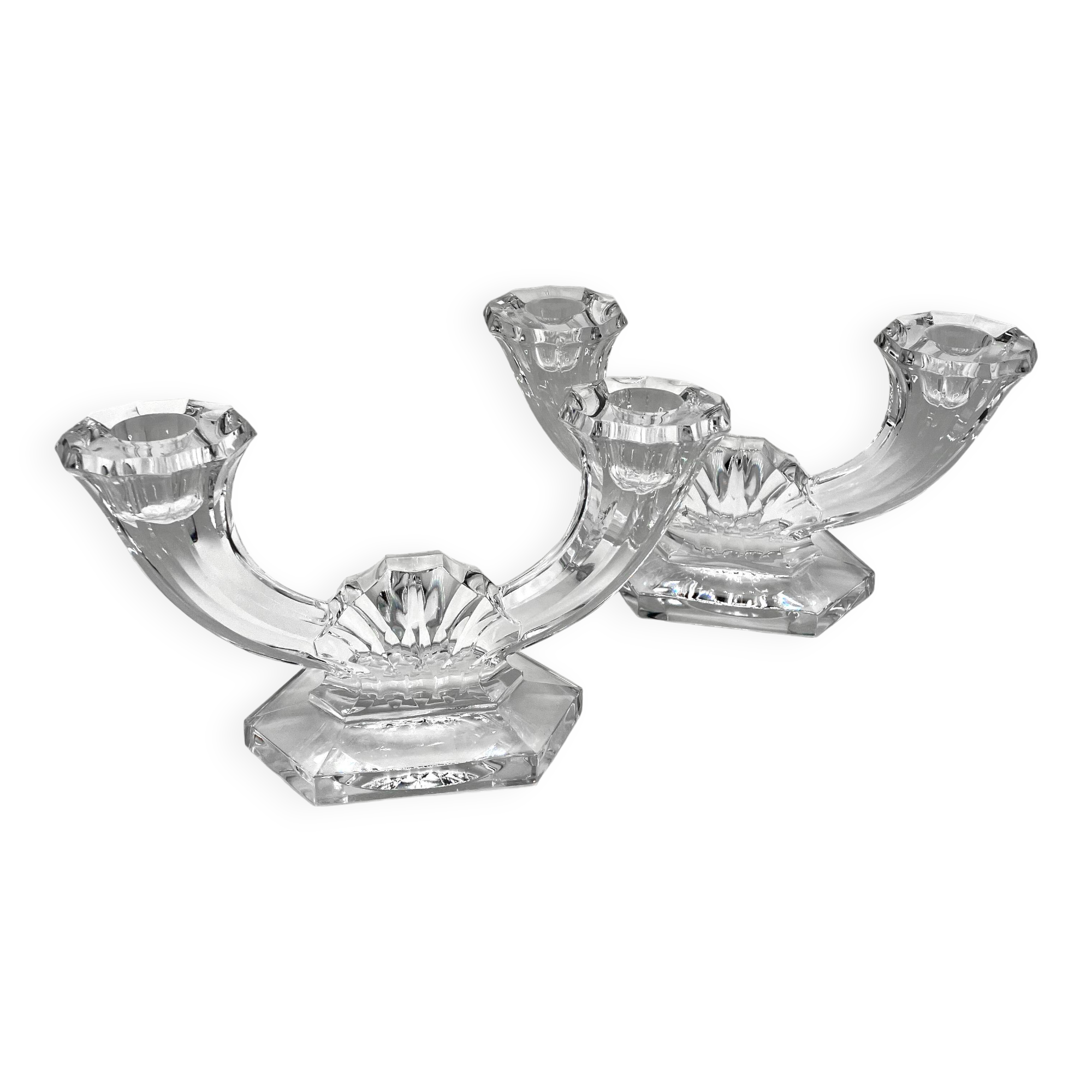 Set of 2 double-light crystal candlesticks • Val Saint-Lambert crystal factory • 1953 • Belgium